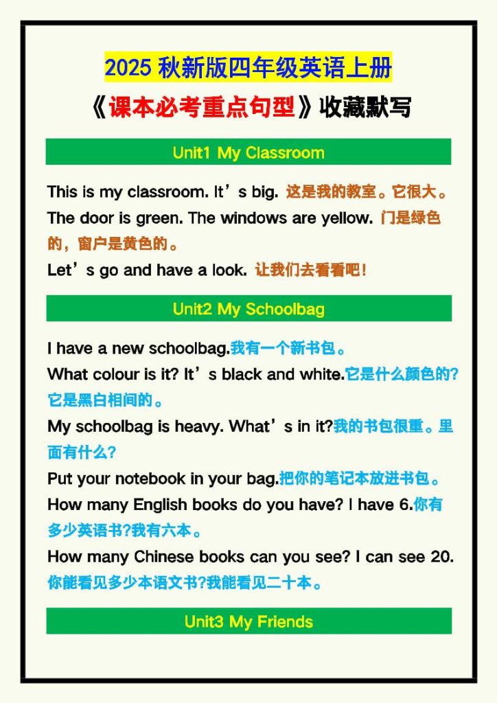 【2025秋新版】四年级英语上册《课本必考重点句型》汇总，收藏默写！-资源教程须哥