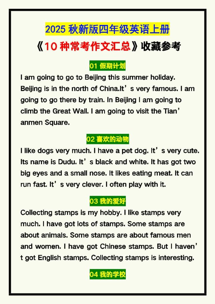 【2025秋新版】四年级英语上册《10种常考作文汇总》，收藏参考！-资源教程须哥