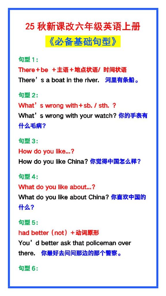 【2025秋新版】六年级英语上册《必备基础句型》，最全整理！-资源教程须哥