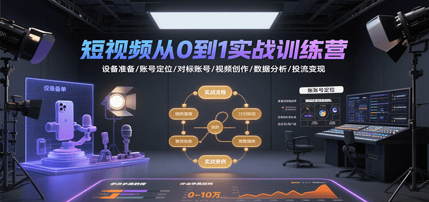 短视频从0到1实战训练营：设备准备/账号定位/对标账号/视频创作/数据分析/投流变现-资源教程须哥