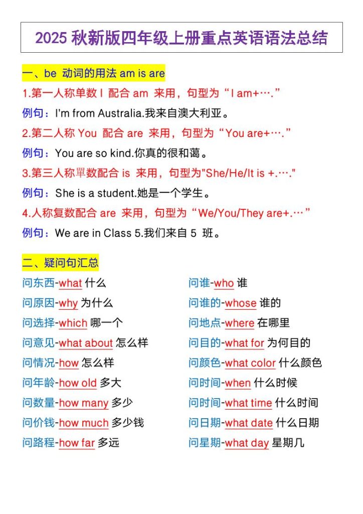 【2025秋新版】四年级上册英语，重点英语语法总结-资源教程须哥