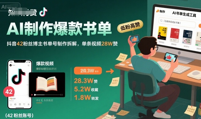 AI制作爆款书单，抖音42粉丝博主书单号制作拆解，单条视频28W赞-资源教程须哥