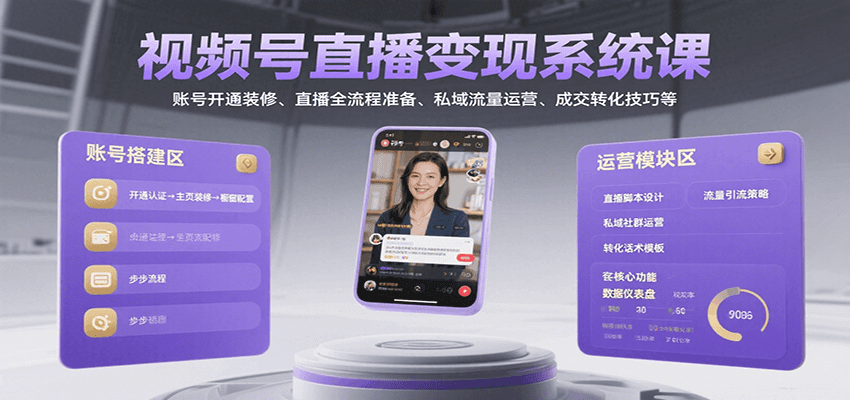 视频号直播变现系统课，账号开通装修、直播全流程准备、私域流量运营、成交转化技巧等-资源教程须哥