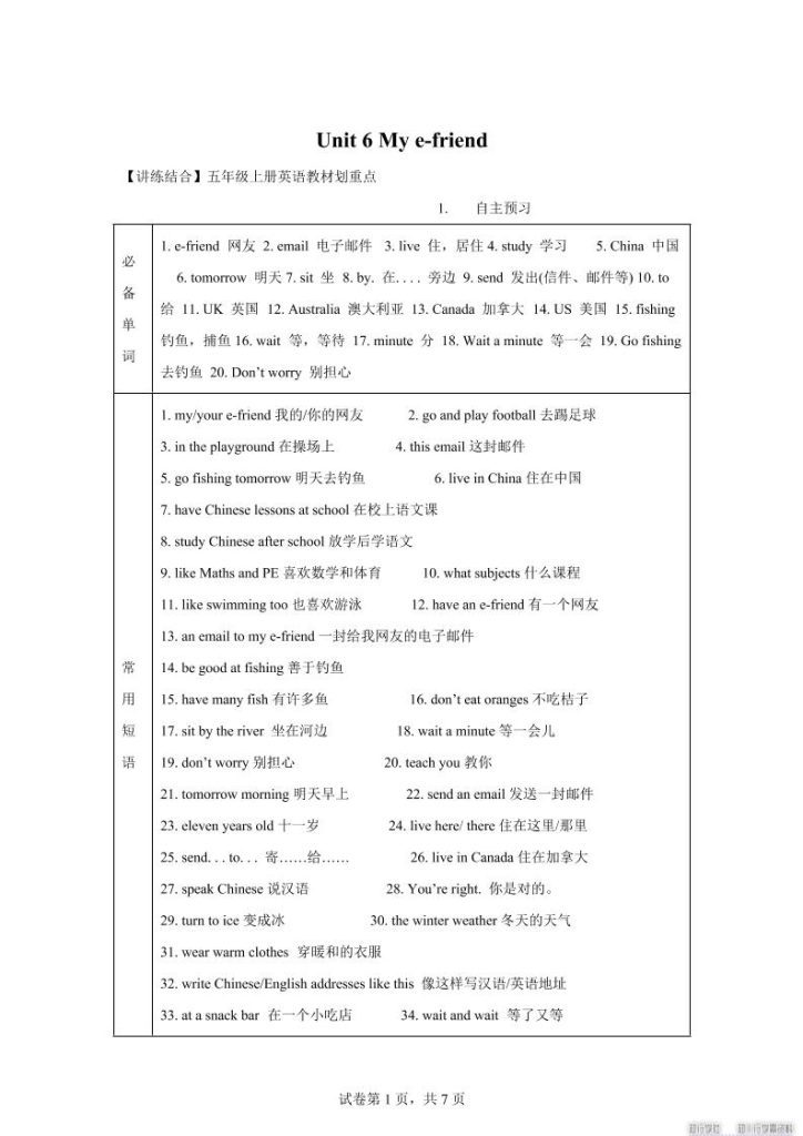 【单元热点难点】译林版（三起）英语五年级上册Unit6Mye-friend教材划重点-资源教程须哥