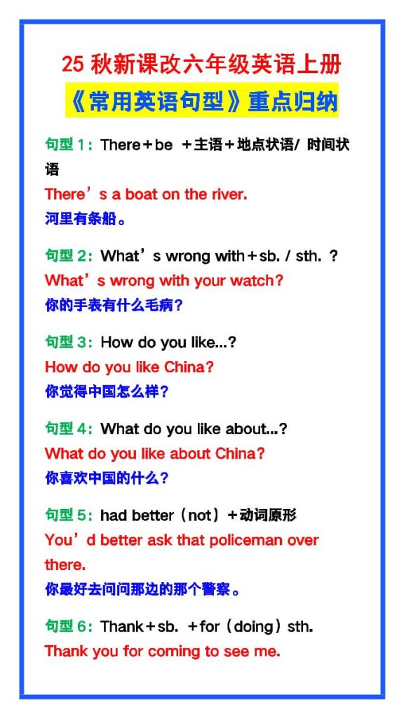 【2025秋新版】六年级英语上册《常用英语句型》重点归纳，提分必备!-资源教程须哥