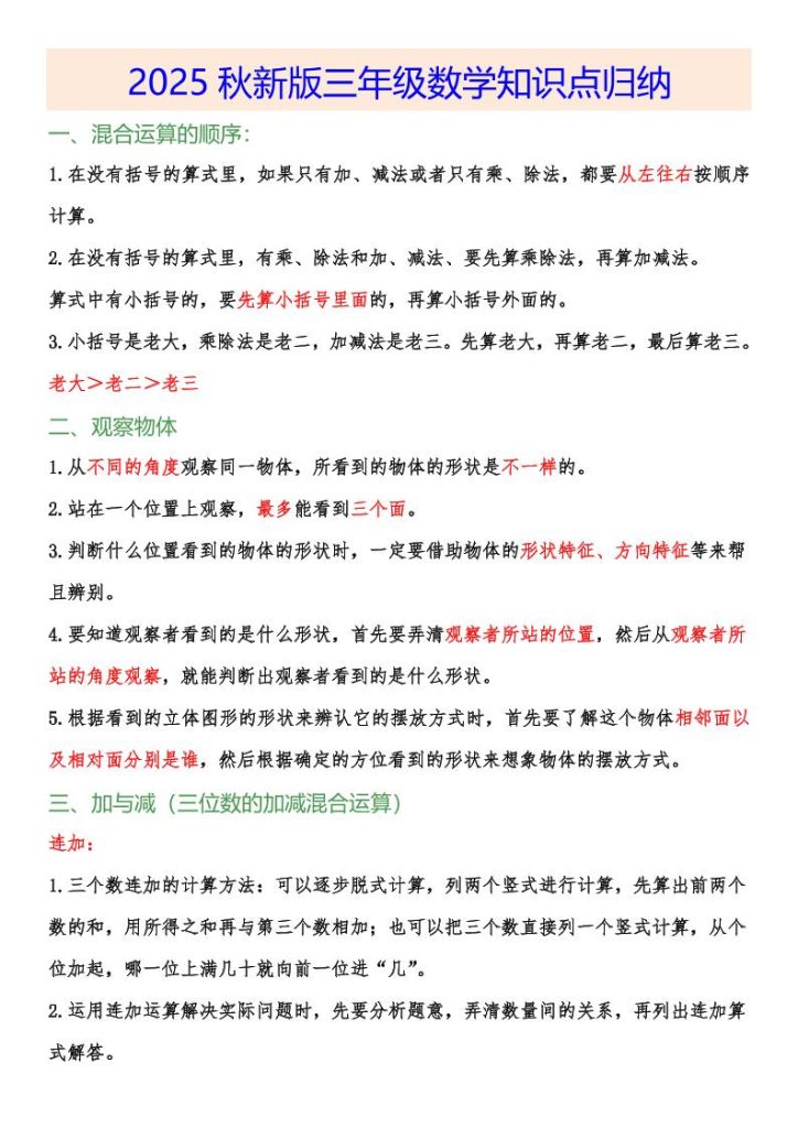 【2025秋新版】小学三年级数学上册知识点归纳-资源教程须哥
