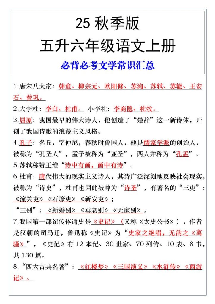 【2025秋新版】五升六年级语文上册必背必考文学常识汇总-资源教程须哥