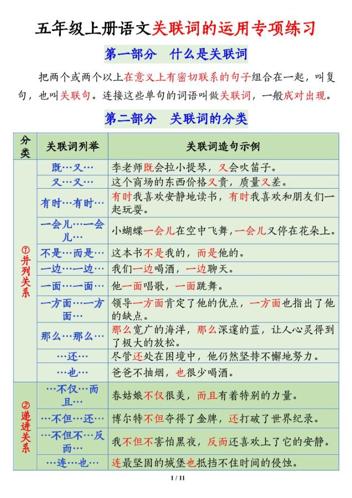 五上语文关联词语的运用专项练习（11页）-资源教程须哥