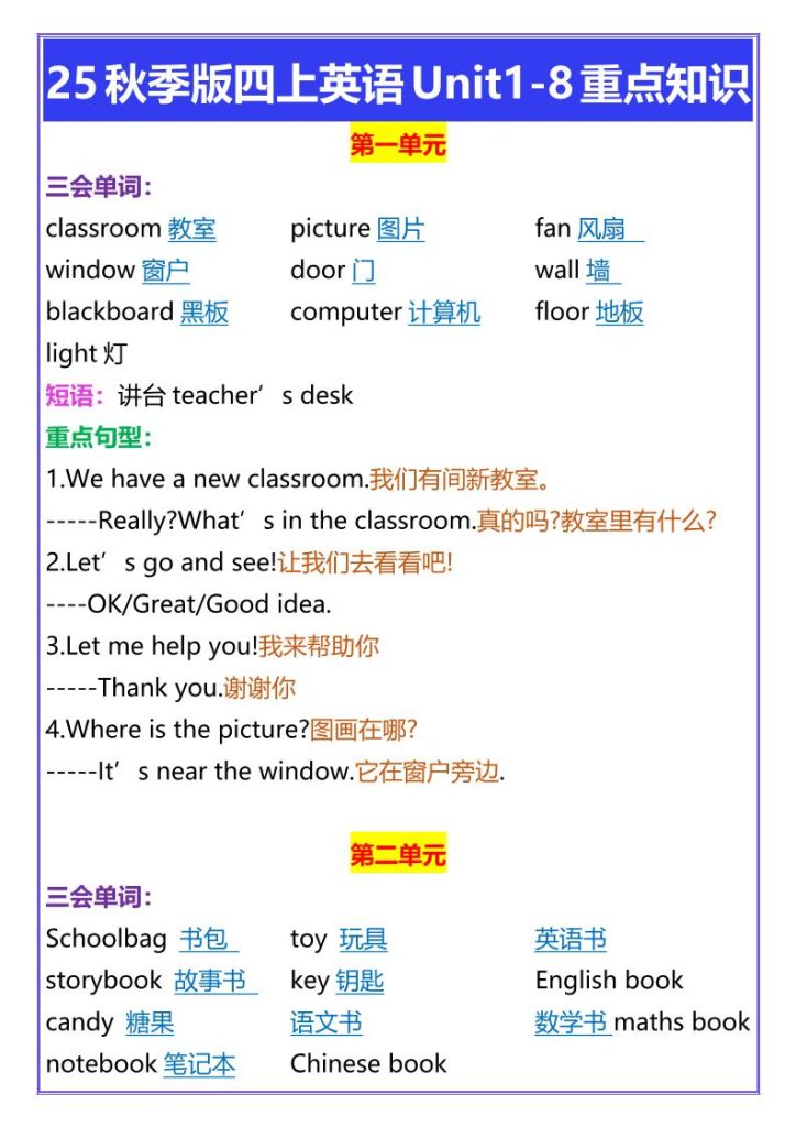 【2025秋新版】四年级上册英语Unit1-8重点知识-资源教程须哥