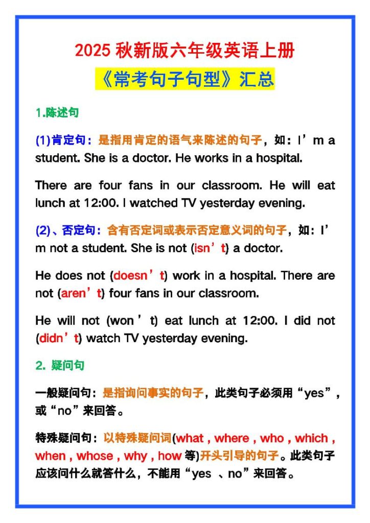 【2025秋新版】六年级英语上册《常考句子句型》汇总，学习巩固必备！-资源教程须哥