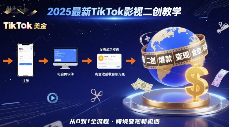 2025年最新TikTok影视二创教学，从注册到发布撸美金全流程，跨境变现新机遇-资源教程须哥