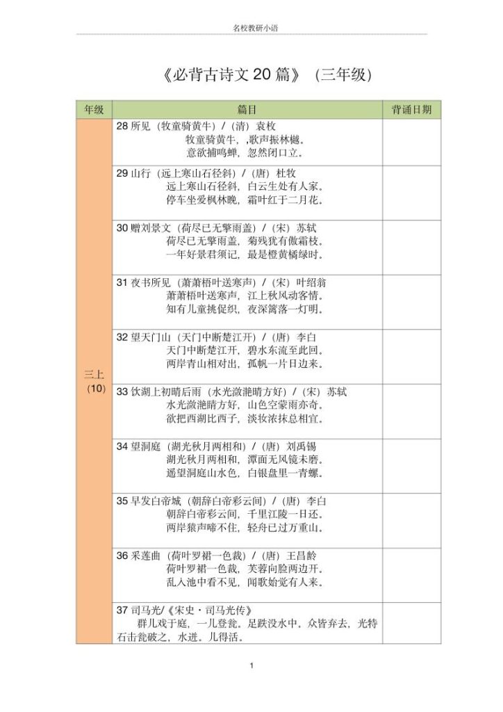 三年级古诗文背诵记录表-三上语文-资源教程须哥