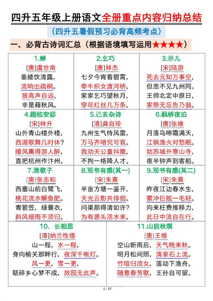 四升五年级上册语文全册重点内容归纳总结输出27页-资源教程须哥