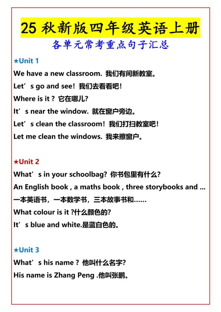 【2025秋新版】四年级英语上册各单元常考重点句子汇总-资源教程须哥