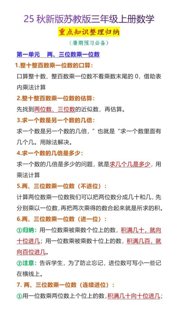 【2025秋新版】苏教版三年级上册数学重点知识整理归纳-资源教程须哥