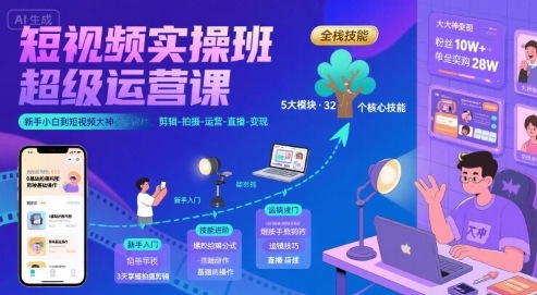 短视频实操班超级运营课，新手小白到短视频大神必修课程，剪辑-拍摄-运营-直播-变现-资源教程须哥