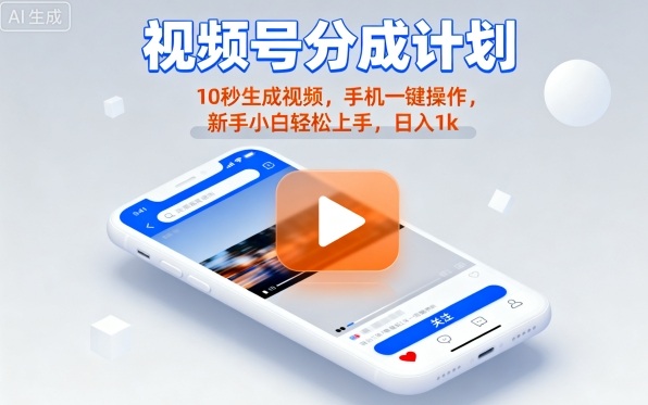 视频号分成计划懒人玩法，10秒生成视频，手机一键操作，新手小白轻松上手，日入1K【揭秘】-资源教程须哥