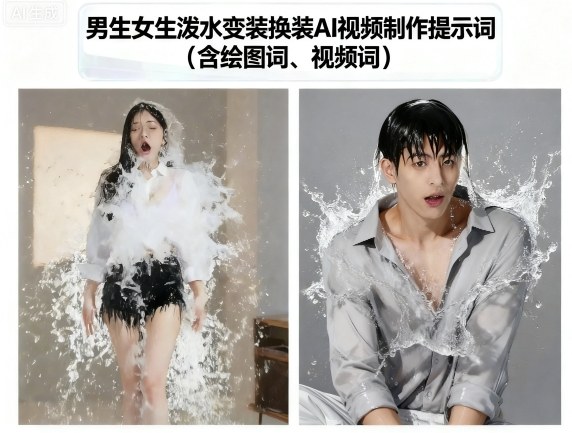 男生女生泼水变装换装AI视频制作提示词(含绘图词、视频词)-资源教程须哥