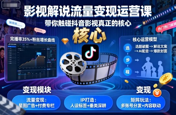 影视解说流量变现运营课,带你触碰抖音影视真正的核心-资源教程须哥