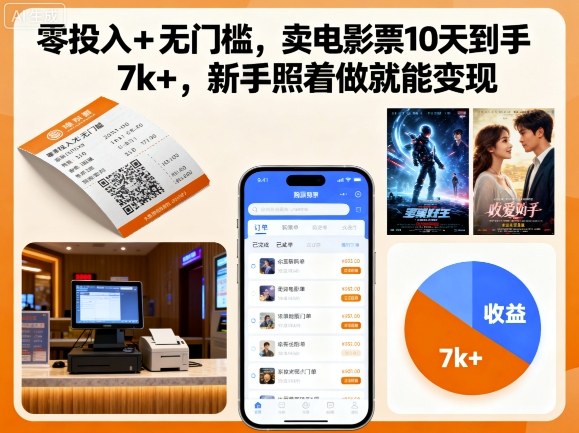 零投入+无门槛，卖电影票10天到手7k+，新手照着做就能变现【揭秘】-资源教程须哥