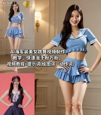 AI海军装美女跳舞视频制作教学，快速涨千粉万粉，视频教程+提示词(绘图词、动作词)-资源教程须哥