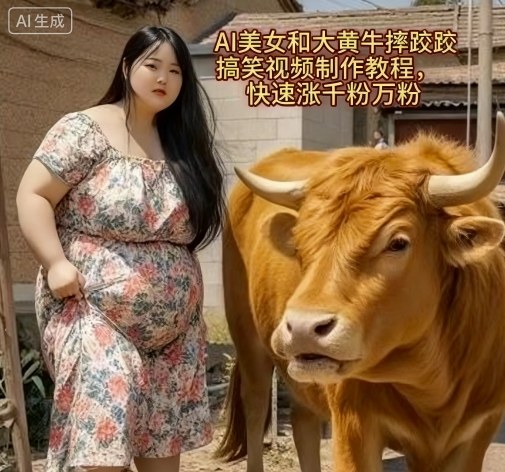 AI美女和大黄牛摔跤搞笑荒诞视频制作教程，快速涨千粉万粉-资源教程须哥