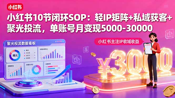 小红书10节闭环SOP：轻IP矩阵+私域获客+聚光投流，单账号月变现5000-30000-资源教程须哥
