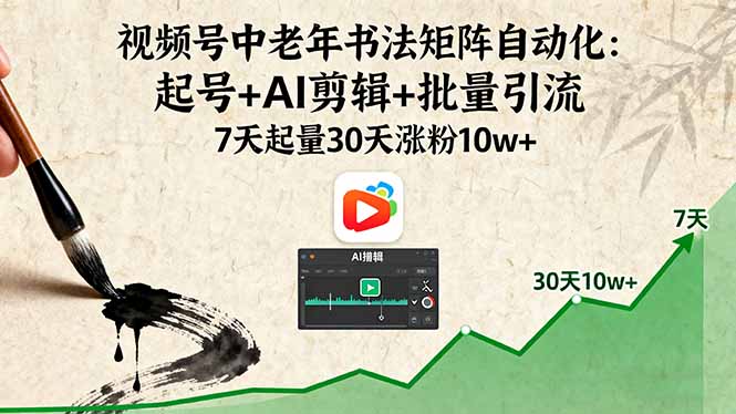 视频号中老年书法矩阵自动化：起号+AI剪辑+批量引流 7天起量30天涨粉10w+-资源教程须哥