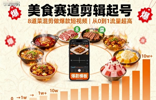 美食赛道剪辑起号，8道菜混剪做爆款短视频，从0到1，流量超高-资源教程须哥
