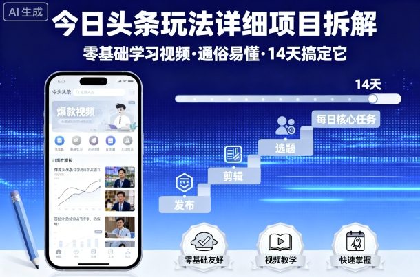 今日头条玩法详细项目拆解，零基础学习视频 通俗易懂 14天搞定它-资源教程须哥