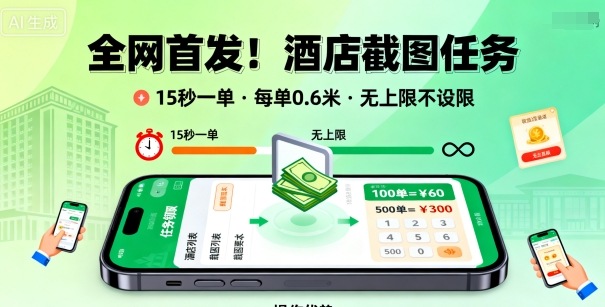 全网首发！酒店截图任务，15秒一单，每单0.6米，任务无上限不设限，矩阵操作单日3张到手【揭秘】-资源教程须哥