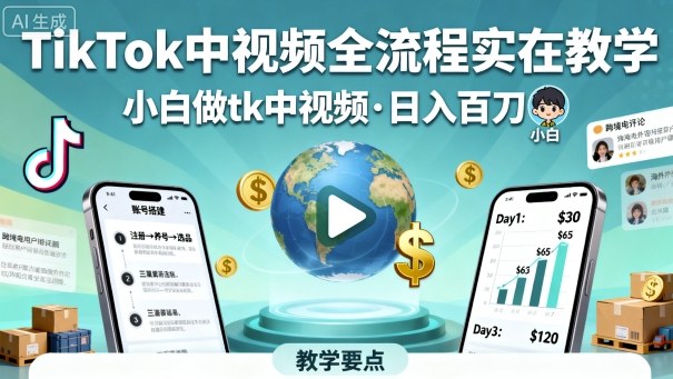 TikTok中视频全流程实操教学，小白做tk中视频，日入百刀-资源教程须哥