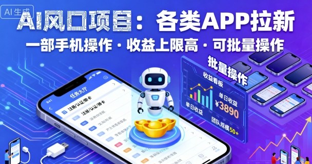 AI风口项目，各类APP拉新，一部手机就可以操作，收益上限高，可批量操作-资源教程须哥