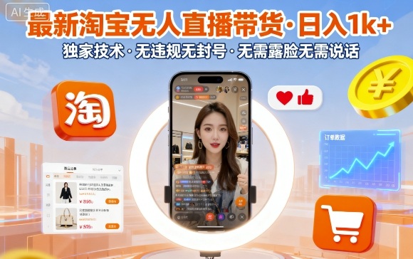 最新淘宝无人直播带货，日入1k+，独家技术，无违规无封号，无需露脸无需说话【揭秘】-资源教程须哥