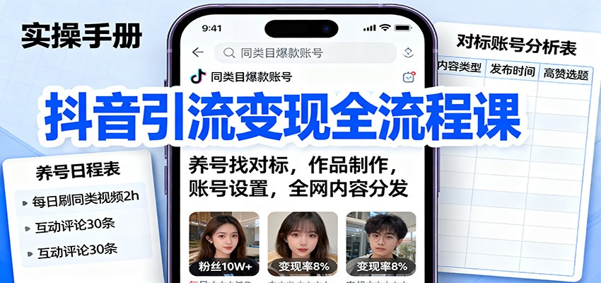 抖音引流变现全流程课：养号找对标，作品制作，账号设置，全网内容分发-资源教程须哥