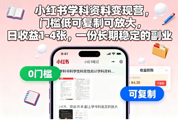 小红书学科资料变现营，门槛低可复制可放大，日收益1-4张，一份长期稳定的副业-资源教程须哥