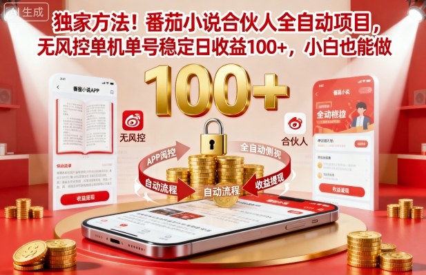 独家方法！番茄小说合伙人全自动挂G项目，无风控单机单号稳定日收益100+，小白也能做【揭秘】-资源教程须哥