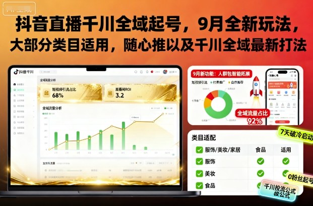 抖音直播千川全域起号,9月全新玩法,大部分类目适用,随心推以及千川全域最新打法-资源教程须哥