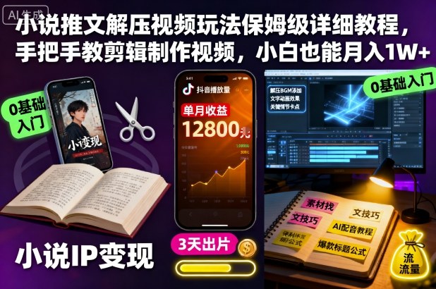 小说推文解压视频玩法保姆级详细教程，手把手教剪辑制作视频，小白也能月入1W+-资源教程须哥