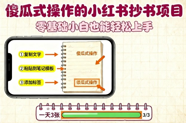 傻瓜式操作的小红书抄书项目，会复制粘贴就行，零基础小白也能一天3张-资源教程须哥
