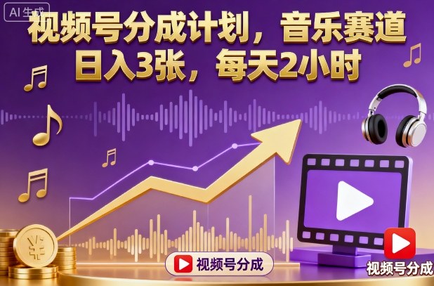 视频号分成计划，音乐赛道，日入3张，每天2小时-资源教程须哥
