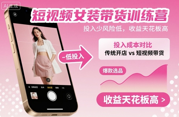 短视频女装带货训练营，投入少风险低，收益天花板高-资源教程须哥