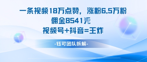 一条视频18W点赞，涨粉6.5W粉佣金8541米，视频号+抖音=王炸-资源教程须哥