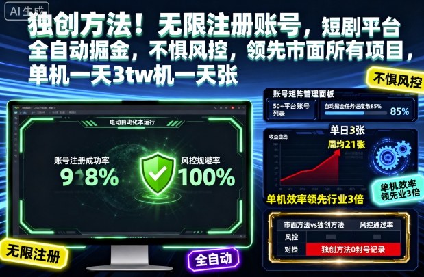 独创方法！无限注册账号，短剧平台全自动掘金，不惧风控，领先市面所有项目，单机一天3张【揭秘】-资源教程须哥