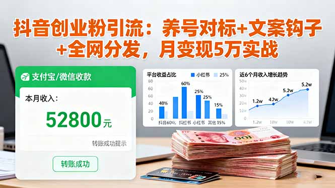 抖音创业粉引流：养号对标+文案钩子+全网分发，月变现5万实战-资源教程须哥