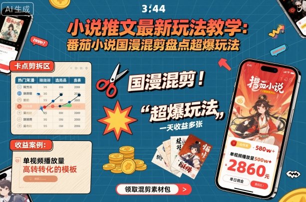 小说推文最新玩法教学，番茄小说国漫混剪盘点超爆玩法，全程干货，一天收益多张-资源教程须哥