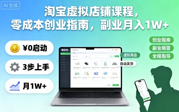淘宝虚拟店铺课程，零成本创业指南，副业月入1W+-资源教程须哥