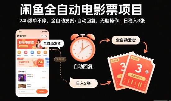 闲鱼全自动电影票项目，24h爆单不停，全自动发货+自动回复，无脑操作，日稳入3张【揭秘】-资源教程须哥