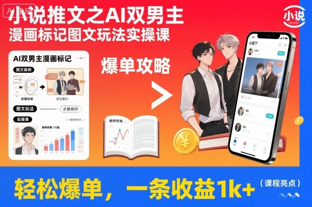小说推文之AI双男主漫画标记图文玩法实操课，轻松爆单，一条收益1k+-资源教程须哥