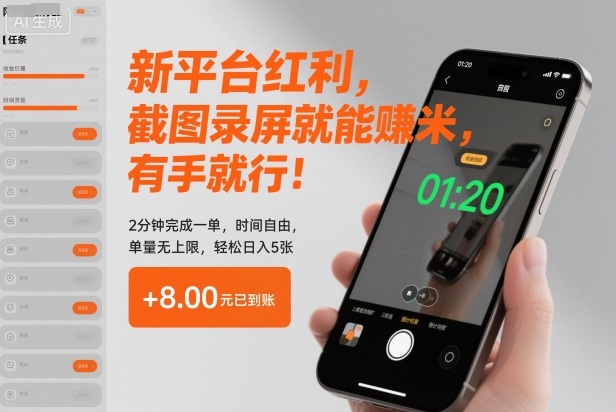 新平台红利，截图录屏就能賺米，有手就行！2分钟完成一单，时间自由，单量无上限，轻松日入5张【揭秘】-资源教程须哥